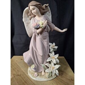 Porcelain Angel Figurine with Roses and Lilies Glossy Statue Dusty Rose Gown